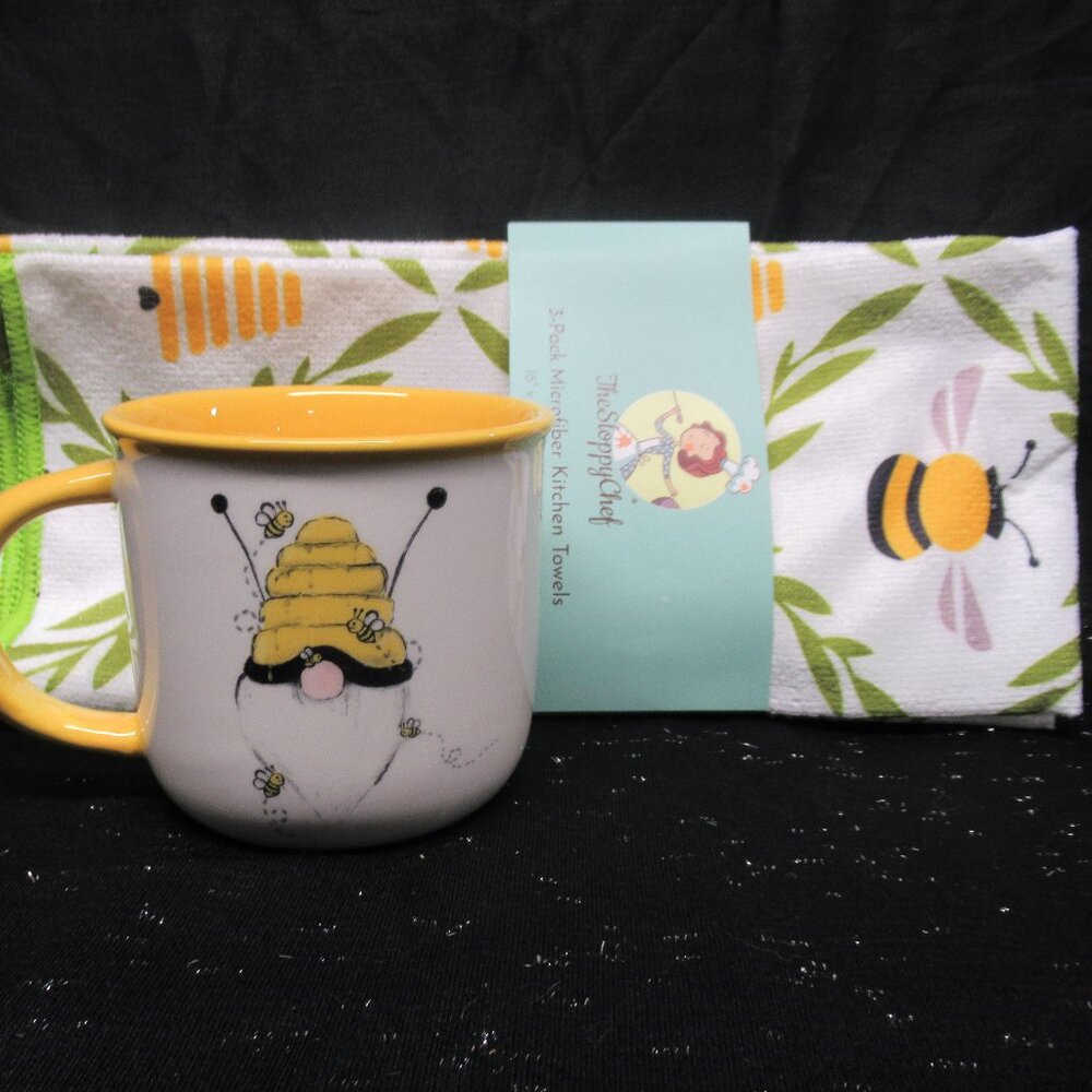 Spring Gnome Mug/Honey Bee Kitchen Towel Gift Set